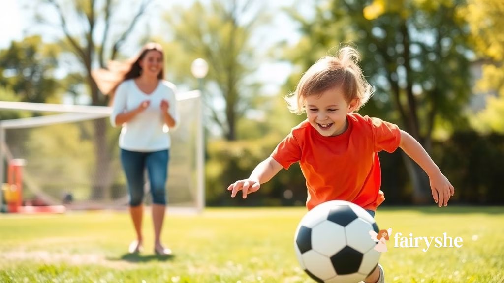 Happy child playing soccer outdoors while mom cheers from the side