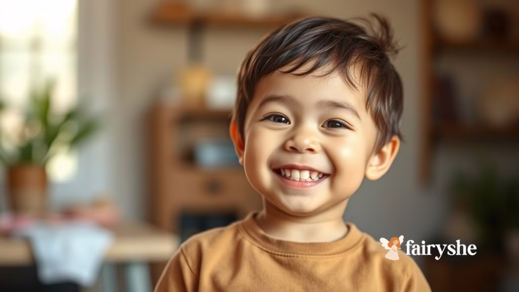 Young child smiling proudly after trying something new at home.