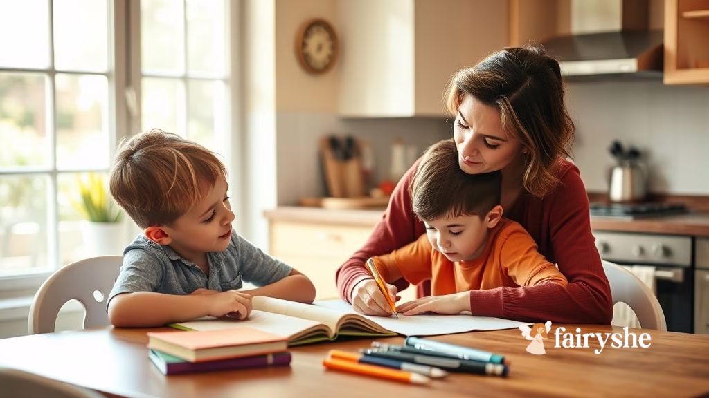 Single mother helping her child with homework at the kitchen table