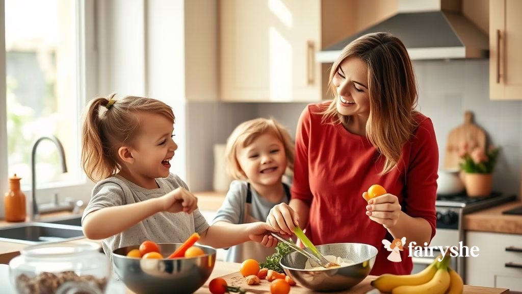 Mother and child cooking together in the kitchen and laughing.