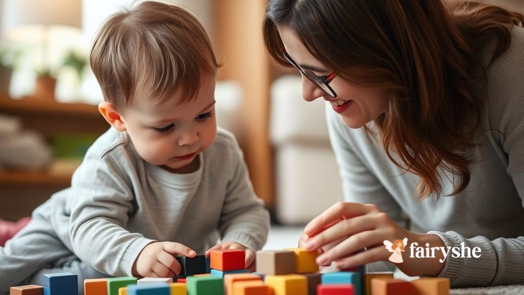 Child looking upset after dropping toy blocks while mom encourages gently.