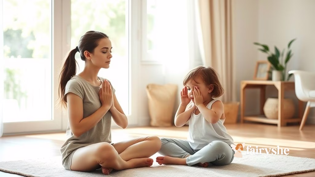Single mom and child practicing deep breathing together on a rug.