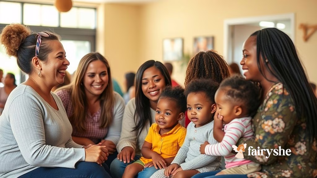Group of single moms with children at a supportive community event.
